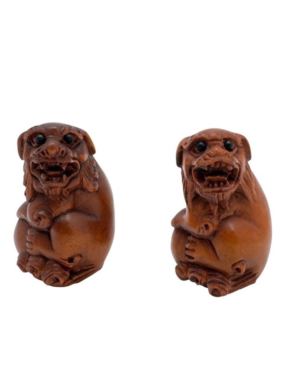 Ojime Netsuke 2 Foo Dog Lion Figurines Hand-Carved Boxwood Signed No Hole #4.2